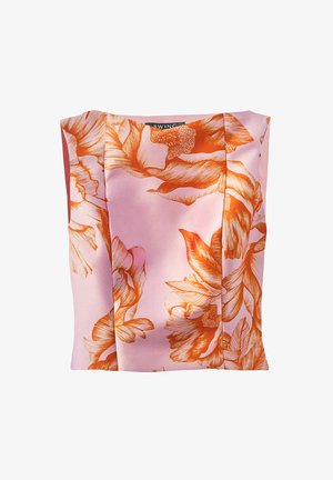 Blusa rosa con estampado floral naranja grande, doblada y plana, mostrando escote cuadrado y etiqueta de la marca dentro del cuello.