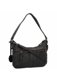 Bolso de hombro de cuero negro con textura suave, correa ajustable, bolsillo con cremallera y parche con logo. Presenta un diseño minimalista.