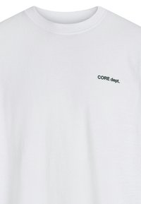 White crew neck t-shirt made of cotton, featuring a small green "CORE dept." logo on the left chest area. Smooth texture and classic fit.