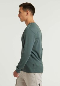 Langärmliges Shirt aus gedämpftem grünen Baumwollstoff mit Rundhalsausschnitt und seitlichen Schlitzen. Merkmale sind eine Nahtdetails auf dem Rücken und ein Etikett am Saum.