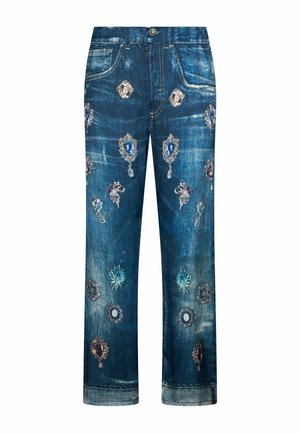Jean en denim à coupe droite avec des motifs brodés colorés de joyaux et de fleurs dispersés sur le devant.