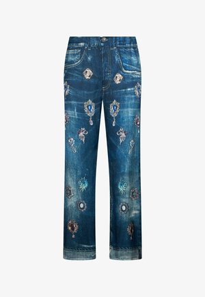 Jeans mit geradem Schnitt aus Denim, verziert mit bestickten, bunten Schmuck- und Blumenmotiven, die vorne verteilt sind.