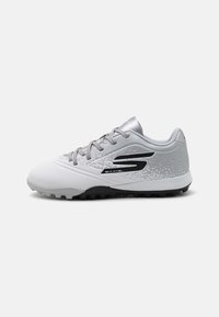 Sport shoes with a white and light gray upper, textured design, gray laces, and black accents on the side and sole.