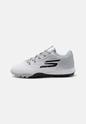 Sport shoes with a white and light gray upper, textured design, gray laces, and black accents on the side and sole.