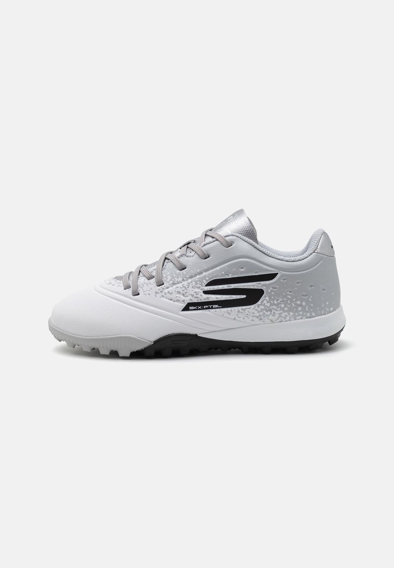 Sport shoes with a white and light gray upper, textured design, gray laces, and black accents on the side and sole.