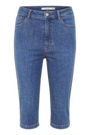 Blue denim bermuda shorts with a straight cut, five pockets, and a front button closure. The fabric has a smooth texture and slight stretch.