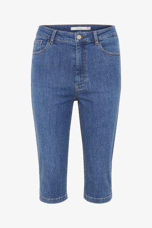 Sinine denimist Bermuda lühikesed püksid sirge lõikega, viie taskuga ja esise nööbiga kinnitamine. Kangas on sileda tekstuuriga ja kergelt veniv.