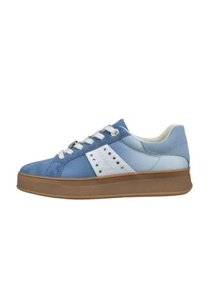 Scarpa da ginnastica blu e azzurro chiaro con materiali in camoscio e mesh. Presenta accenti bianchi, lacci piatti e una suola beige testurizzata.