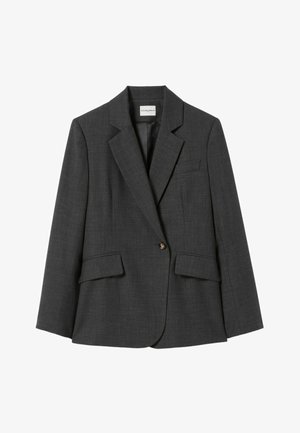 Blazer gris en tissu texturé, fermeture à un bouton, revers crantés, deux poches avant et une poche poitrine.