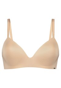 Senza fili beige con una texture liscia e morbida, presenta un scollatura profonda e spalline sottili regolabili. Design minimalista, senza imbottitura.