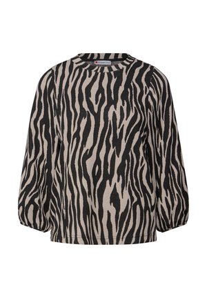 Pull zébré noir et crème avec un col rond et des manches amples, fabriqué en tissu doux avec une finition texturée.