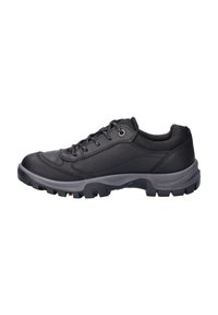 Scarpe da trekking nere con tomaia in pelle testurizzata, chiusura con lacci e suola in gomma resistente per una buona trazione. Punta rinforzata e collarino imbottito.