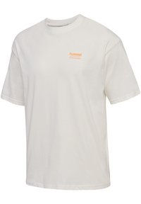 Enkel off-white kortærmet T-shirt med rund halsudskæring, lille orange "hummel SPORTSWEAR Serve the game" logo på venstre bryst.