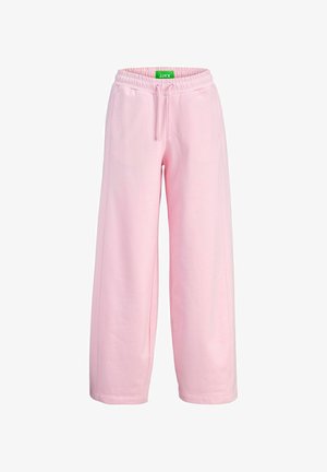 Roza bombažne trenirka z širokimi hlačnicami, elastičnim pasom, nastavljivim vrvico in stranskimi žepi. Na vrhu je zelena etiketa.