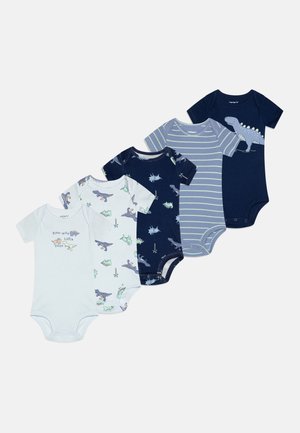 Set di cinque body corti per bambini in cotone. Caratterizzati da colori vari, tra cui azzurro chiaro, blu navy e righe, con stampe di dinosauri.