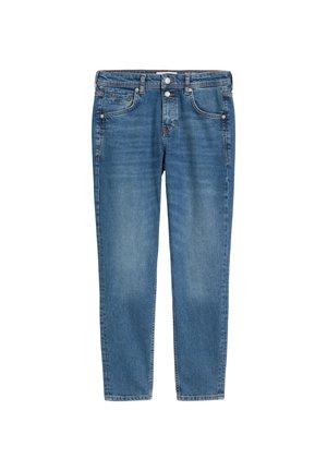 Jeans slim-fit en denim bleu mi-sombre. Comprend cinq poches, une fermeture éclair, et des coutures contrastées. Se termine au niveau de la cheville avec une légère décoloration.
