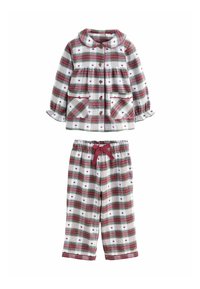 Karierte Schlafanzug-Set mit einem kragenlosen, knöpfbaren Oberteil, das zwei Taschen hat, und passenden Hosen, beide mit roten und grünen Karos und Herzmustern.