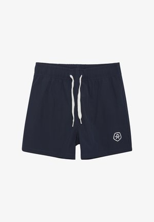 Jūras zila peldbikses, kas izgatavotas no viegla auduma ar elastīgu jostasvadu un auklu. Apakšējā labajā stūrī ir balts logo.