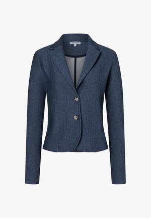Marineblauer, maßgeschneiderter Blazer mit zwei Knöpfen, Kerbkragen, langen Ärmeln und aufgesetzten Taschen vorne.