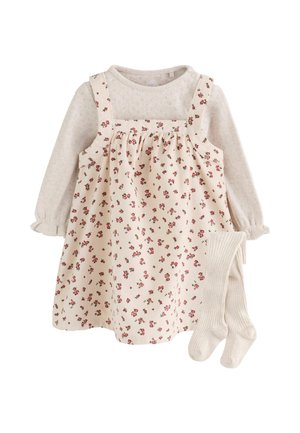 Crèmekleurige top met lange mouwen en textuur, met bijpassend bloemenjurkje en geribbelde crèmekleurige maillot voor baby of peuter.