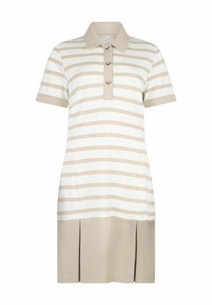 Robe polo à manches courtes aux rayures blanches et beiges, dotée d'un col à revers et de trois boutons décoratifs. Le bas est orné de plis.