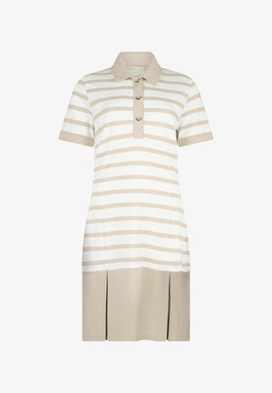 Robe polo à manches courtes aux rayures blanches et beiges, dotée d'un col à revers et de trois boutons décoratifs. Le bas est orné de plis.
