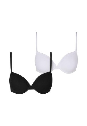 Two bras in black and white. Both feature thin straps, lace trim along the top edges, and a smooth fabric texture.