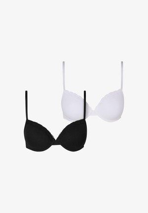 Du švarkai juodos ir baltos spalvos. Abu turi plonas dirželius, nėrininę apdailą viršutinėse briaunose ir sklandžią audinio tekstūrą.