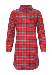 Rood geruit overhemd met een kraag, lange mouwen, knopen aan de voorkant, een enkele borstzak en een gebogen zoom. Gemaakt van stof met een zachte textuur.