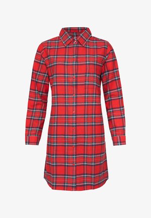 Red plaid shirt with a collar, long sleeves, buttons down the front, single chest pocket, and a curved hem. Made of fabric with a soft texture.
