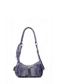 Purple shoulder bag with braided handle, two zippered front pockets, smooth texture, and adjustable strap. Compact and functional design.