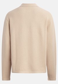 Beige knit sweater with long sleeves, featuring a textured zigzag pattern and a classic collar. Smooth finish with ribbed cuffs.
