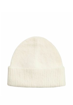 Weiche weiße gestrickte Mütze mit umgeschlagenem geripptem Bündchen, entworfen für Wärme und Komfort.