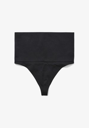 String nera in cotone con una cintura ampia e elastica e texture liscia. Caratterizza un retro a forma di V e un design a copertura minima.