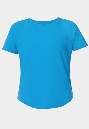 Bright blue short-sleeve crew neck T-shirt with a slightly curved hem and visible stitching on shoulders and sides.