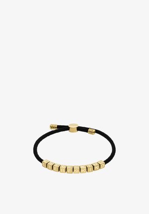 Zwart geweven armband met gouden metalen letterkralen die "LIEBESKIND" spellen en een gouden sluiting met decoratieve accenten.