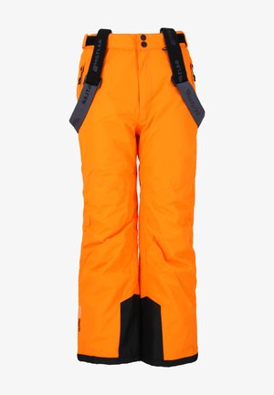Bright orange snow pants with black accents. Features adjustable straps, waterproof material, and multiple pockets for functionality.