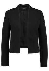 Mustat lyhytcroppattu bleiseri, jossa on pitkät hihat. Valmistettu sileästä kankaasta, siinä on kaulukseton muotoilu ja avoin etuosa ilman sulkijoita.