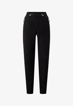Black pants with a tapered fit, featuring an elastic waistband with neon green accents, side pockets, and a smooth texture.
