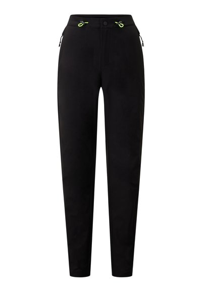 Black pants with a tapered fit, featuring an elastic waistband with neon green accents, side pockets, and a smooth texture.