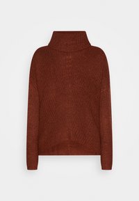 Knitted turtleneck sweater in rust color, featuring a loose fit, long sleeves, textured fabric, and a ribbed hem for added detail.