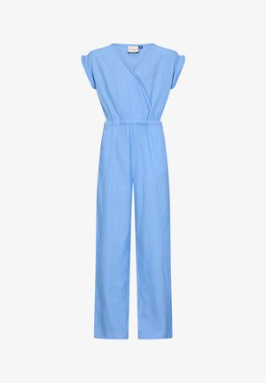 Hellblaues Jumpsuit mit kurzen, angeschnittenen Ärmeln, Wickeldesign, elastischem Bund und weiten Beinen. Hergestellt aus weichem, strukturiertem Stoff.