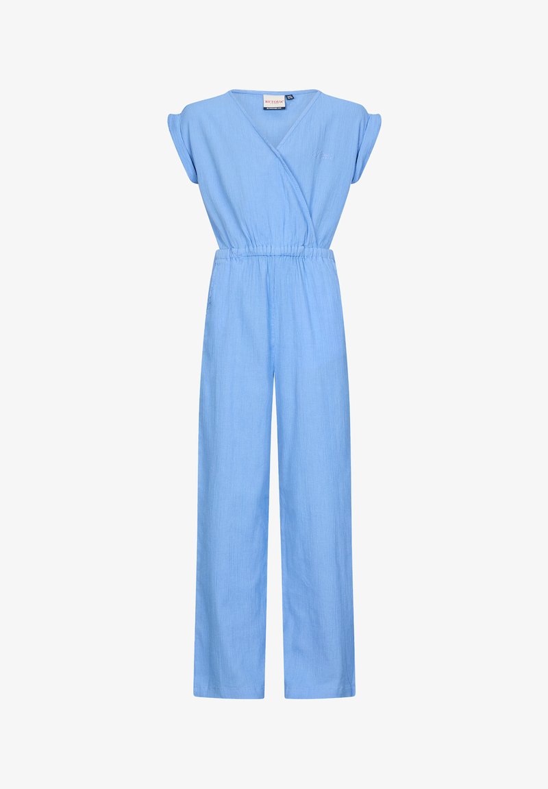 Jasnoniebieski kombinezon z krótkimi bufkami, zapinany na krzyż, z elastycznym pasem i szerokimi nogawkami. Wykonany z miękkiej, teksturowanej tkaniny.