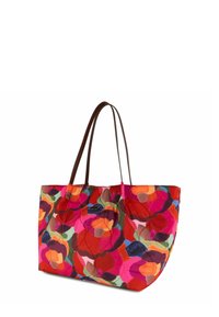 Geverfde tote bag met een meerkleurig bloemmotief in rood, roze, oranje en groen. Bruine leren handvatten en een logo-accent op de voorkant.