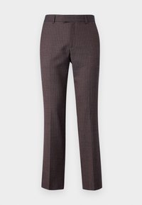 Tumed pruunid kohandatud püksid õrna triibumustriga, sirge jala disain ja sile kangastekstuuri. Omab standardset vöökohta.