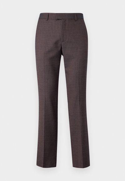 Dark brown tailored trousers with a subtle pinstripe pattern, straight-leg design, and a smooth fabric texture. Features a standard waistband.