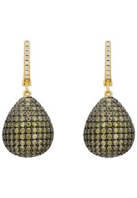 Gold drop earrings with a teardrop design, featuring round, dark green and yellow gemstones, and a diamond-studded lever back.
