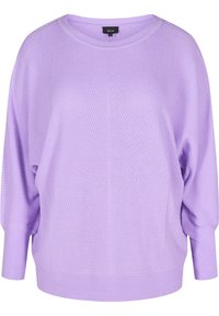 Lavendel Pullover mit lockerer Passform, ausgestattet mit einem strukturierten Strickmuster, langen Ärmeln, rundem Halsausschnitt und gerippten Bündchen.