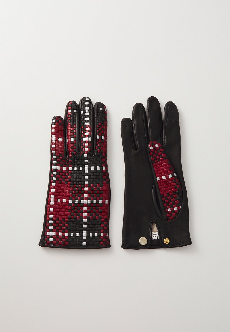 Læderhandsker med et sort, rødt og hvidt vævet mønster på den ene handske og en glat sort finish på den anden, med guld accenter.