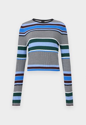 Langermet genser i ribbestrikk med horisontale striper i blått, grønt, svart, hvitt og brunt på en grå bakgrunn.